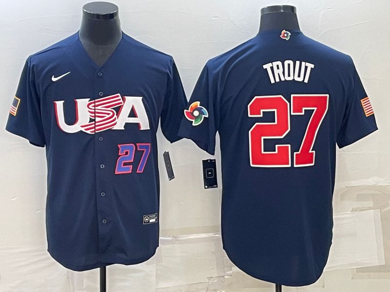 Men 2023 World Cub USA #27 Trout Blue Nike MLB Jersey1